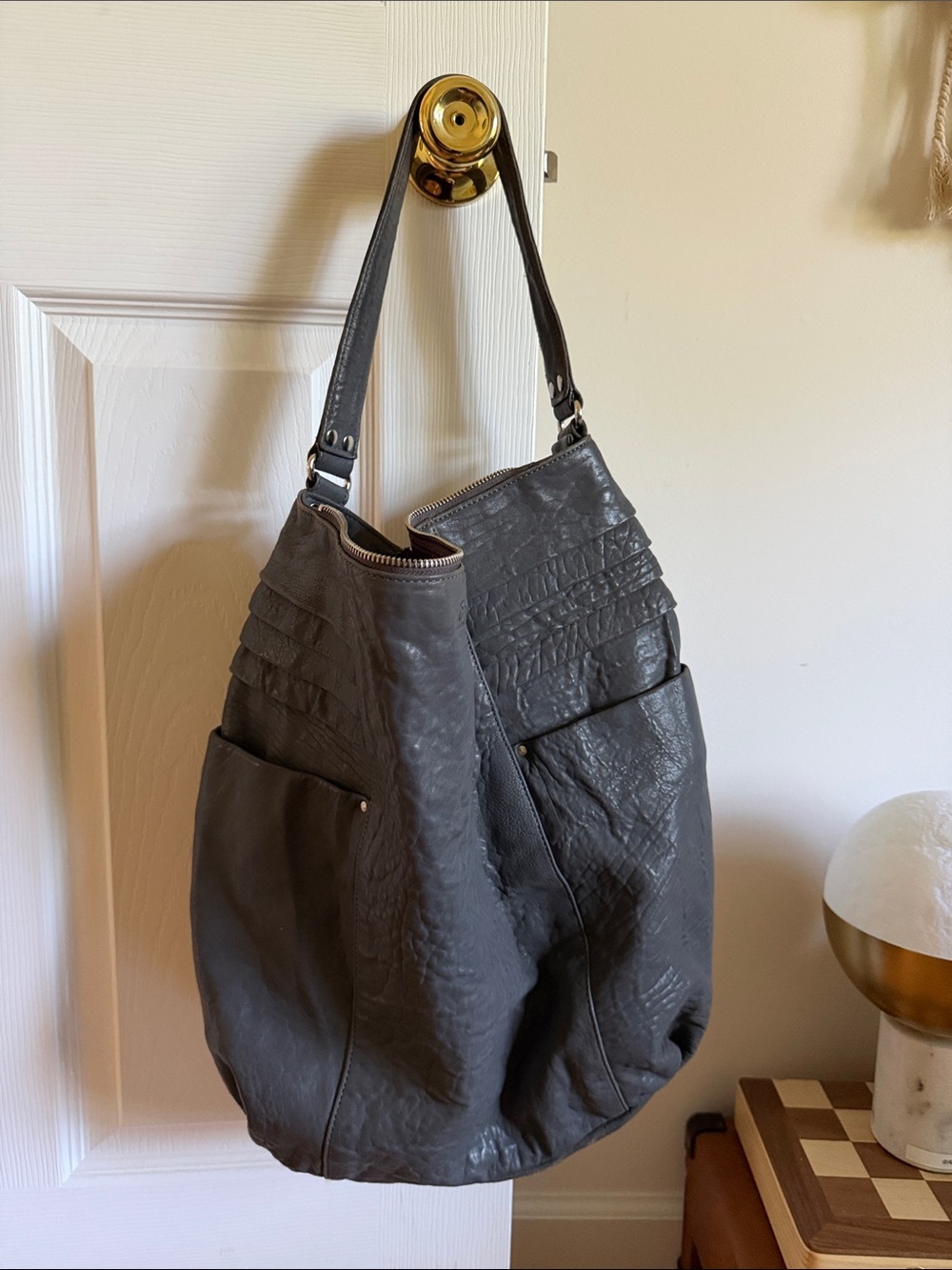 RARE Vintage | Magnes Sisters | Distressed Leather "Grey Moon" Hobo Shoulder Bag - Picture 2 of 11